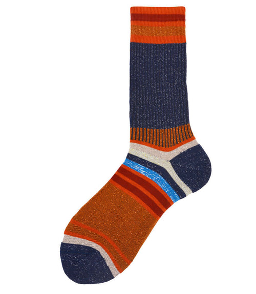 Short crew socks in dark blue with orange rib cuff and striped pattern, multicolor toe