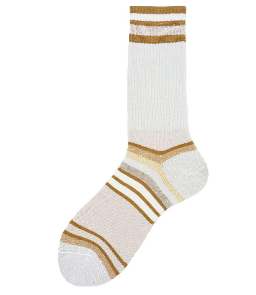 White short chapo socks with striped brown cuff and heel, ribbed knit