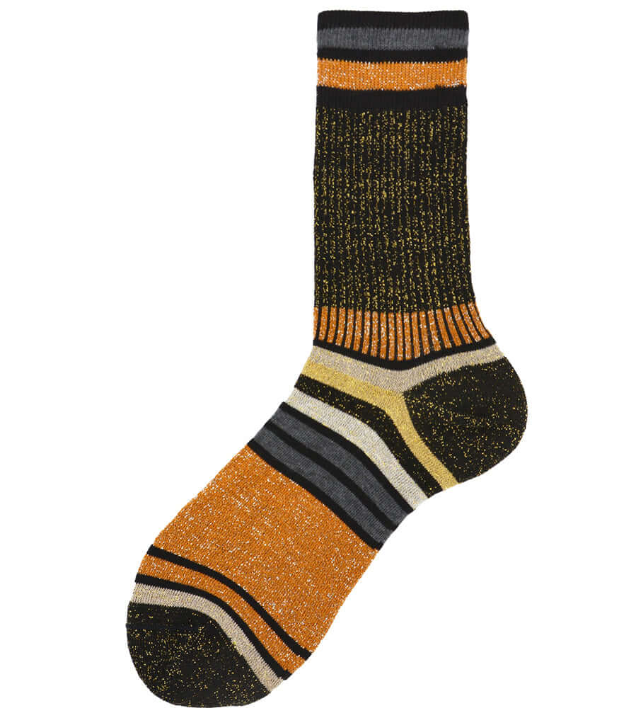 Orange and black short knit socks with striped rib cuff and curved bands