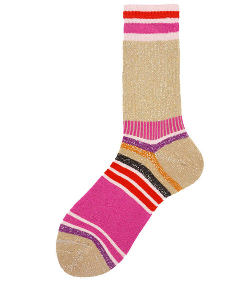 Pink and tan striped short socks with ribbed cuff and contrast toe/heel