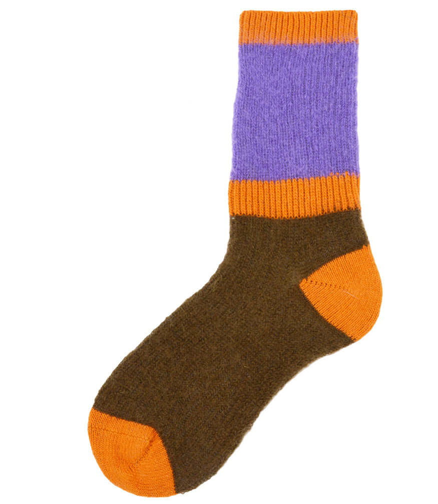 Alto Milano short socks with purple cuff, orange bands, and brown foot with orange toe.