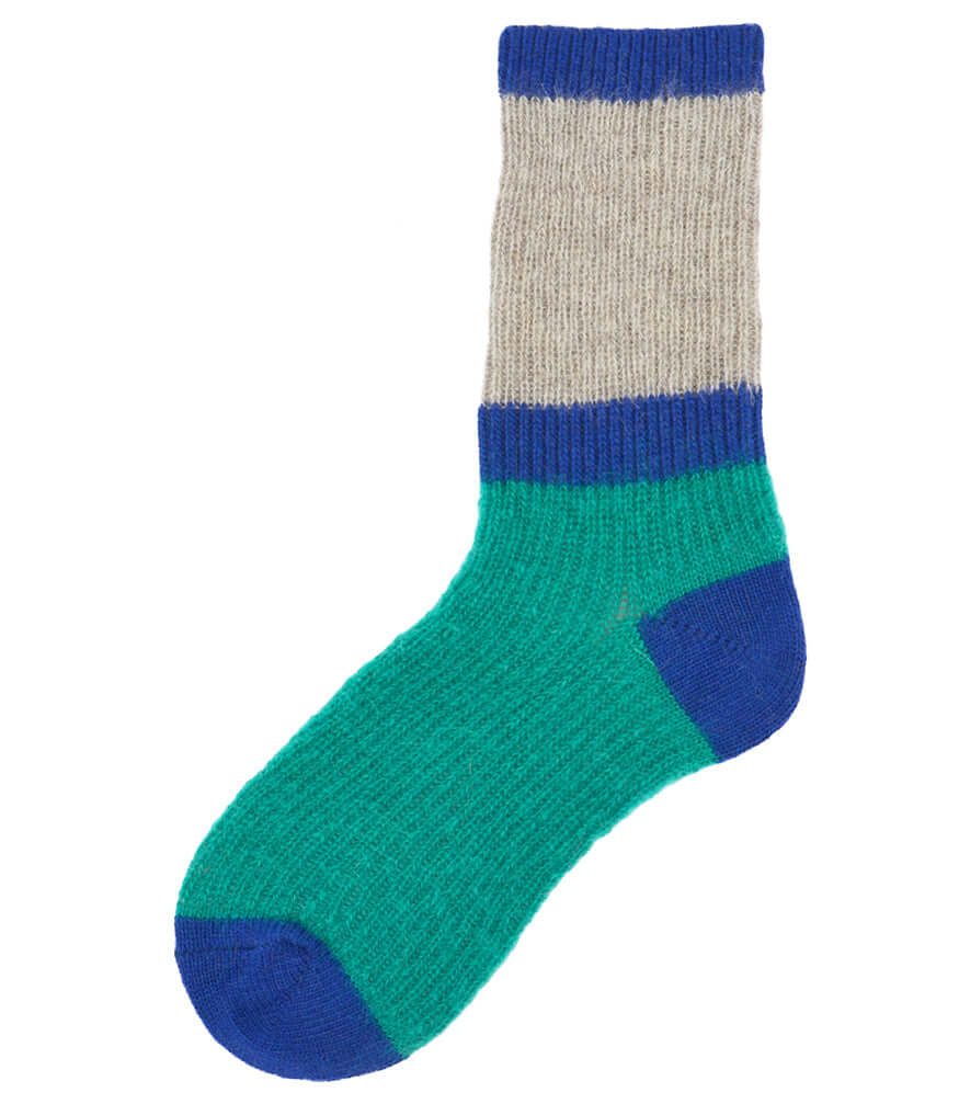 Short socks with green knit body, blue ribbed cuffs, and blue heel and toe
