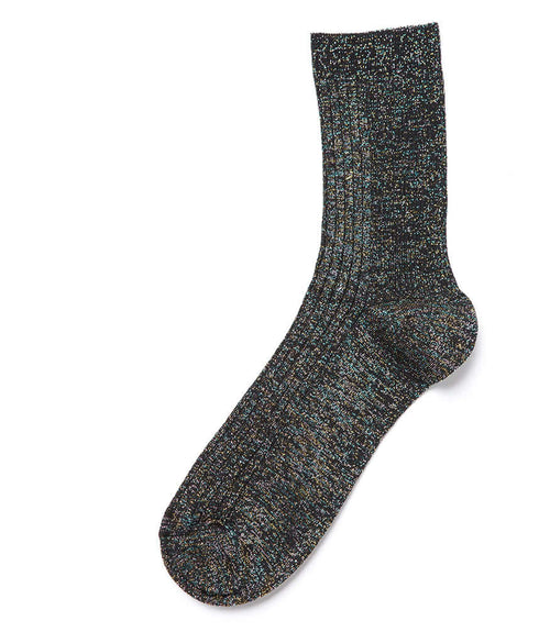 Black short crew socks with speckled multicolor knit texture