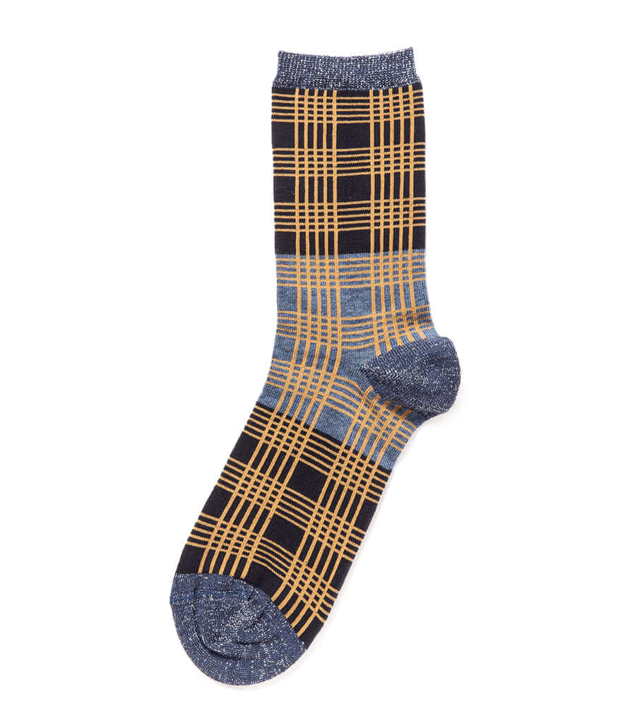 Plaid crew socks with ribbed cuff, navy and tan/yellow grid pattern