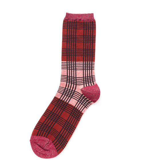Salmon pink floppy socks with dark red plaid pattern and ribbed cuff