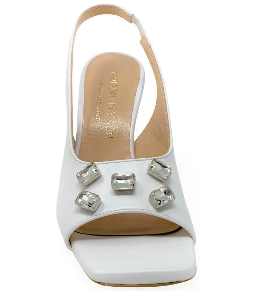 White leather slingback pumps with block heel and jeweled side strap