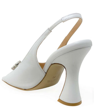 White slingback heels with slingback strap and square jeweled buckle