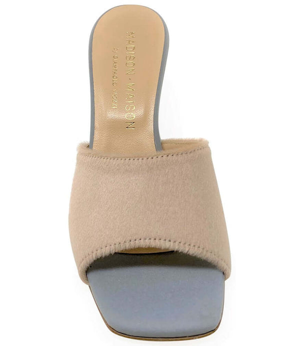 Beige calf hair mule with open toe and low block heel