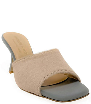 Beige calf hair heeled mule with almond open toe