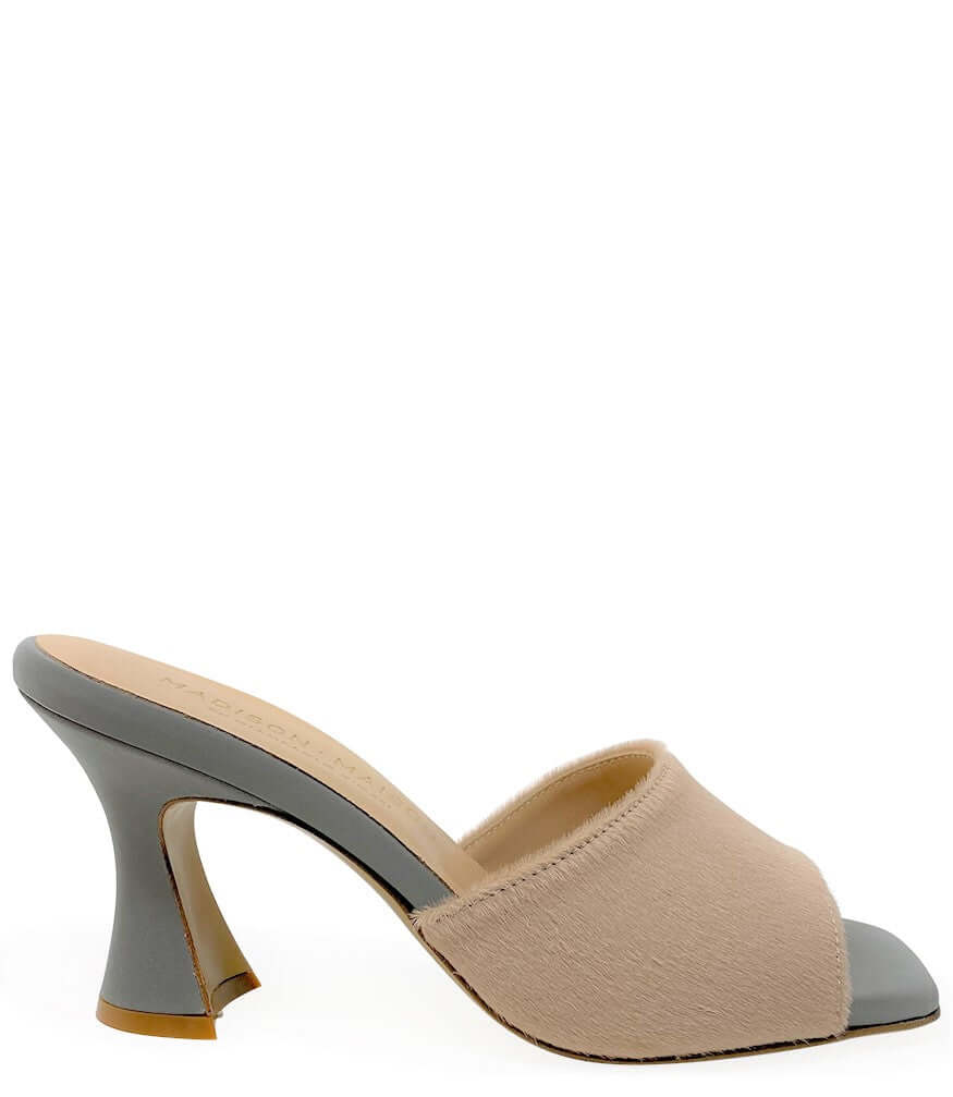 Beige calf hair mule with open back and mid block heel