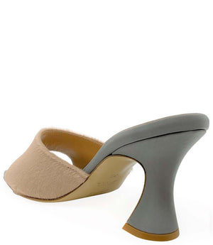 Beige calf hair mule with open back and sculpted block heel