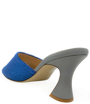 Denim blue calf hair heel mule with open toe and two-tone gray heel