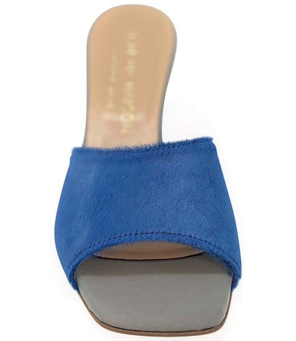 Denim blue calf hair open-toe mule with sculpted gray heel