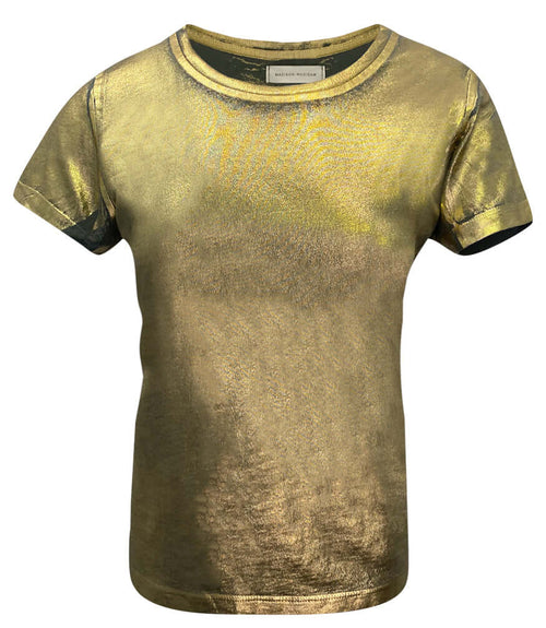 Metallic coated cotton T-shirt in kaki gold, short-sleeve crew neck front view