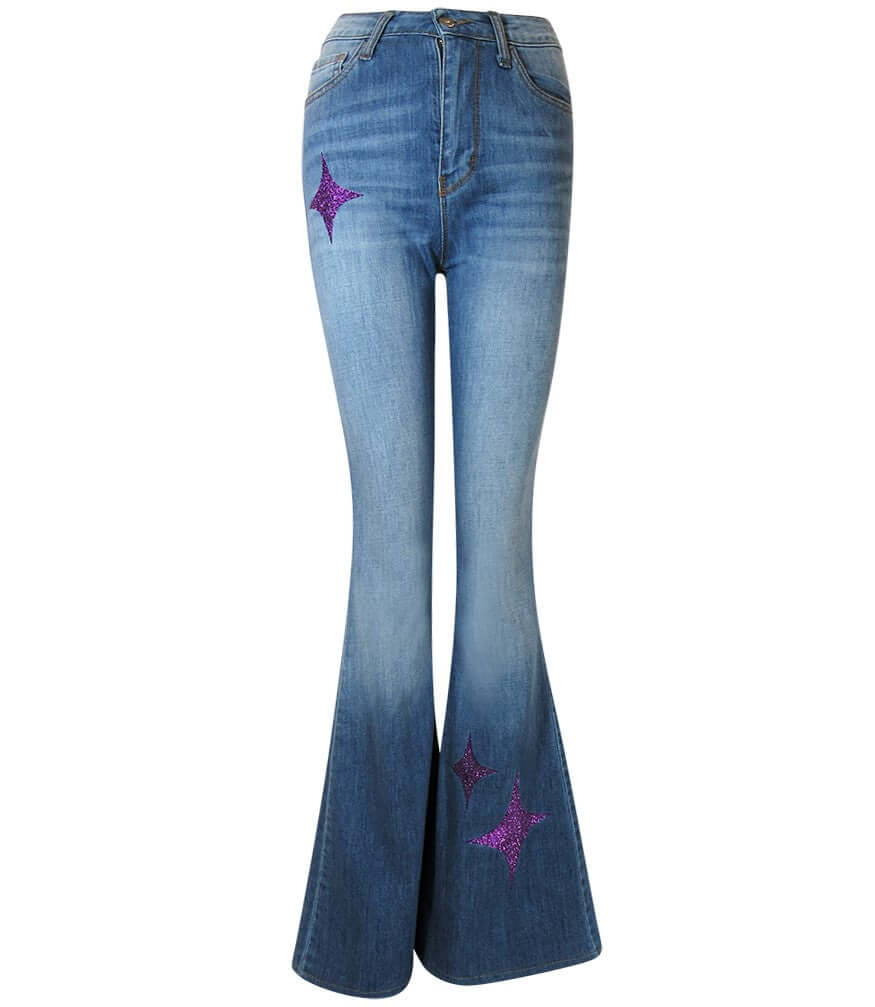 Light blue denim bell-bottom jeans with purple glitter star patches at legs