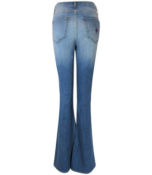 Light blue denim flare jeans with back pockets and purple glitter star accents