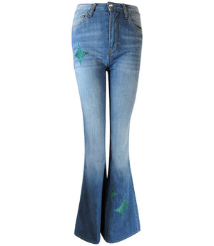Women's denim flare jeans with glitter star detailing on front, dark seams