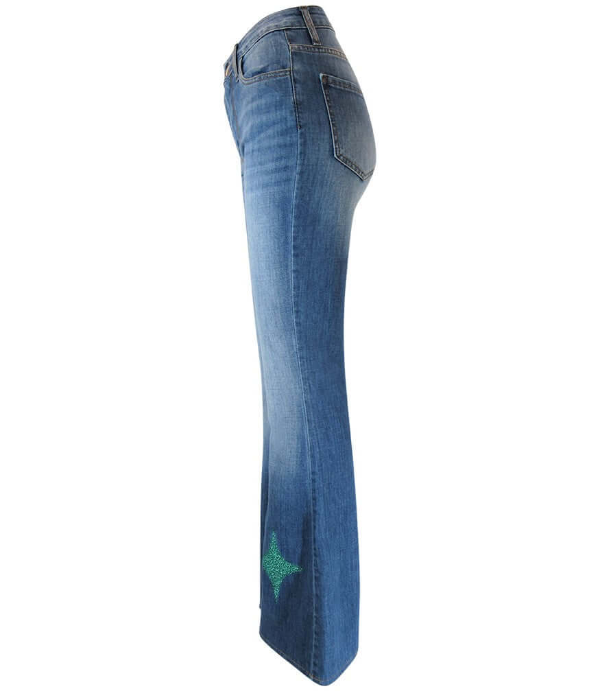Women's denim flare jeans with glitter star detailing on front, dark seams