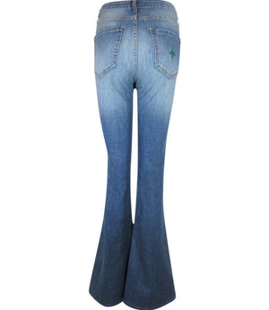 Women's denim flare jeans with two back pockets and glitter star accents