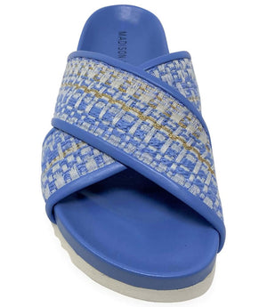 Sky blue cross-strap slide sandal with woven fabric straps and blue rubber sole