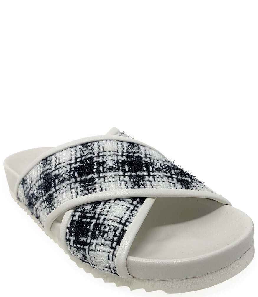 Cross-strap slide sandal, patterned upper, light-gray footbed with MADISON-MAISON text