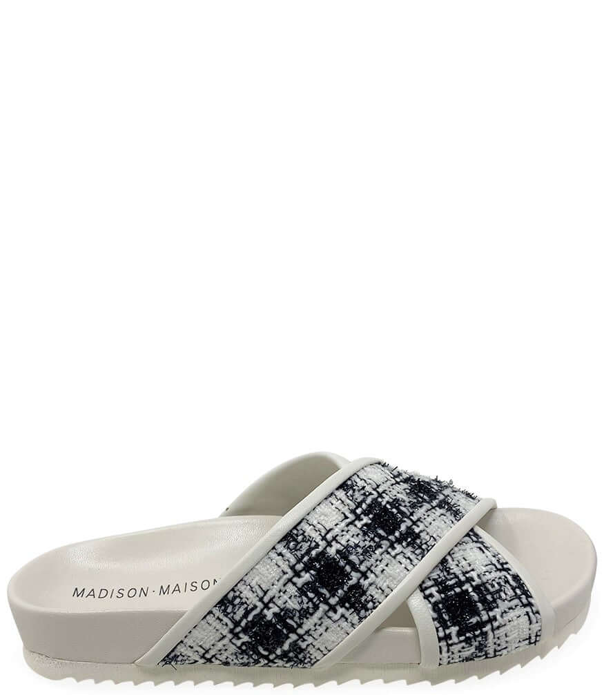 Cross-strap slide sandal, patterned upper, light-gray footbed with MADISON-MAISON text