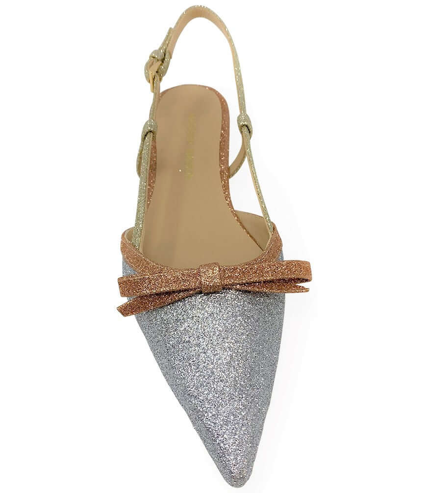 Glitter slingback flat sandal with ankle strap and bow, silver and rose-gold trim