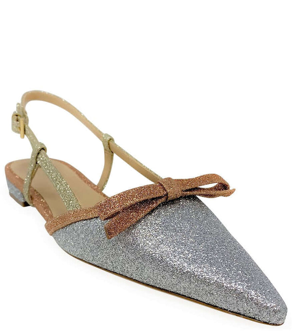 Glitter slingback flat sandal with thin ankle strap and bow, side view, silver