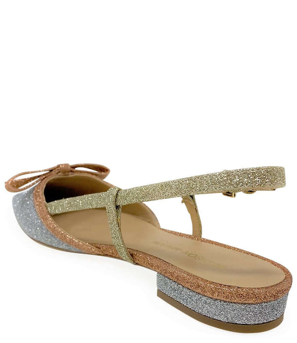 Glitter slingback flat sandal with ankle strap, low block heel, silver and rose-gold