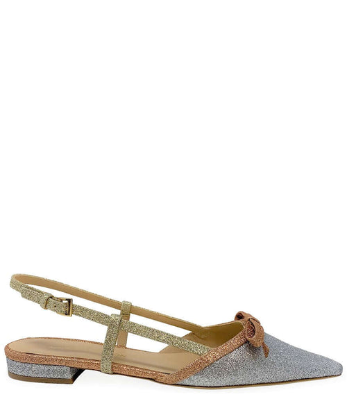 Glitter slingback flat sandal with ankle strap and bow, silver and rose-gold trim