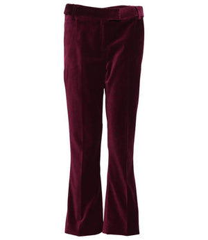 Violet chino pants with belt loops, button closure, and flared legs