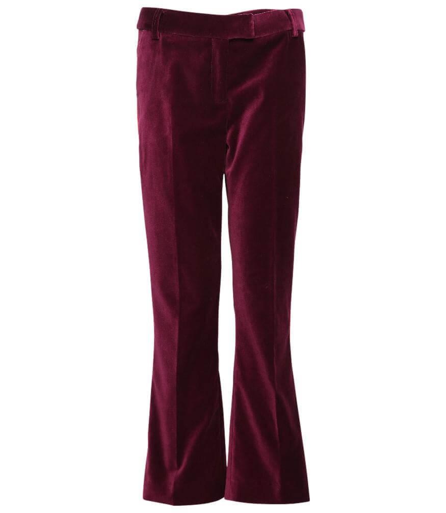 Violet chino pants with belt loops, button closure, and flared legs