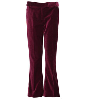 Violet chino pants, front view, belt loops and flared straight legs