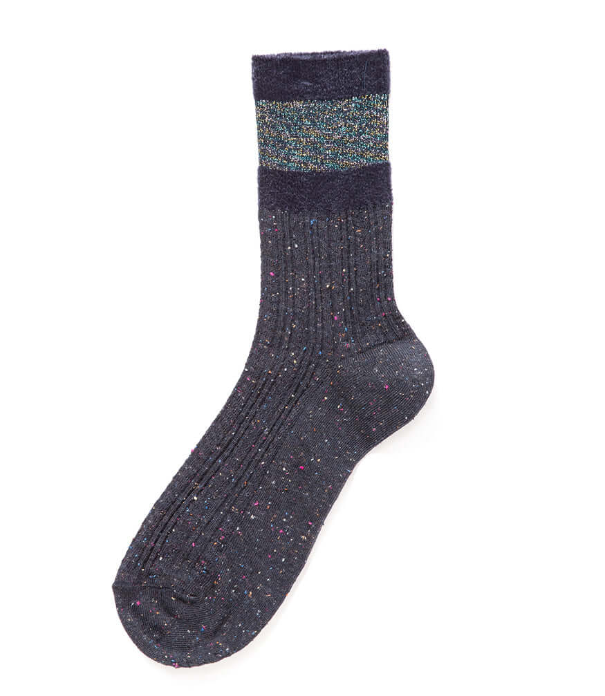 Jayla socks in dark blue with multicolor speckle knit, crew length