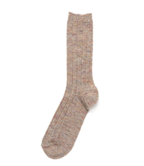 Knit crew socks, marled light tan with ribbed cuff and smooth toe