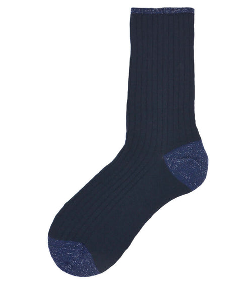 Ribbed dark blue short socks with speckled toe and heel