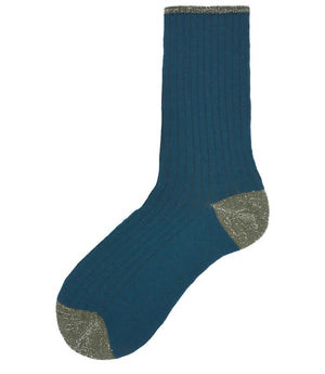 Women’s teal short socks with metallic gray toe and heel accents