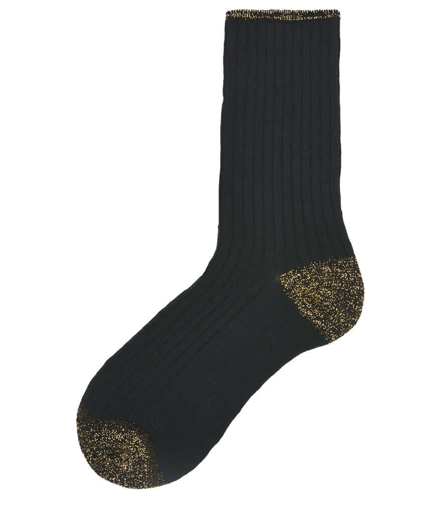 Black short socks with gold glitter toe and heel, ribbed knit cuff