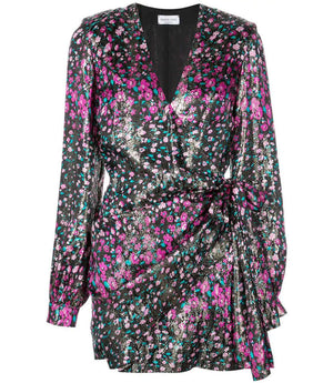 Fuchsia floral short dress with V-neck and tie waist