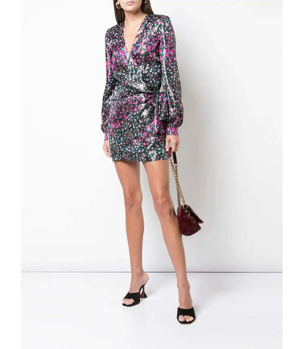 Fuchsia floral short dress, long sleeves and gathered waist, above-knee length