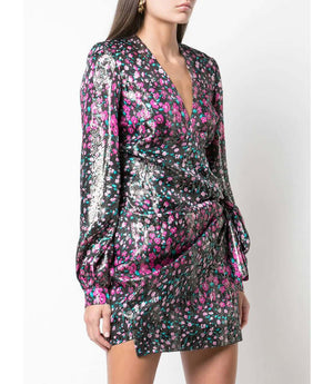 Fuchsia floral short dress with V-neck and side-tie waist