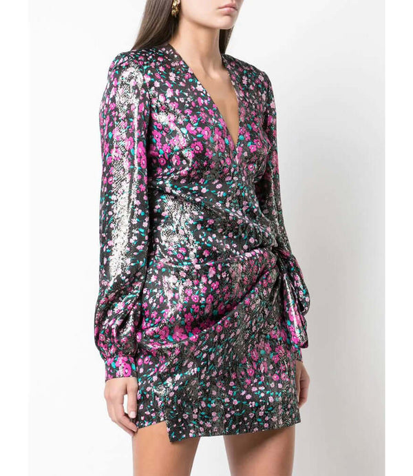 Fuchsia floral short dress with V-neck and side-tie waist