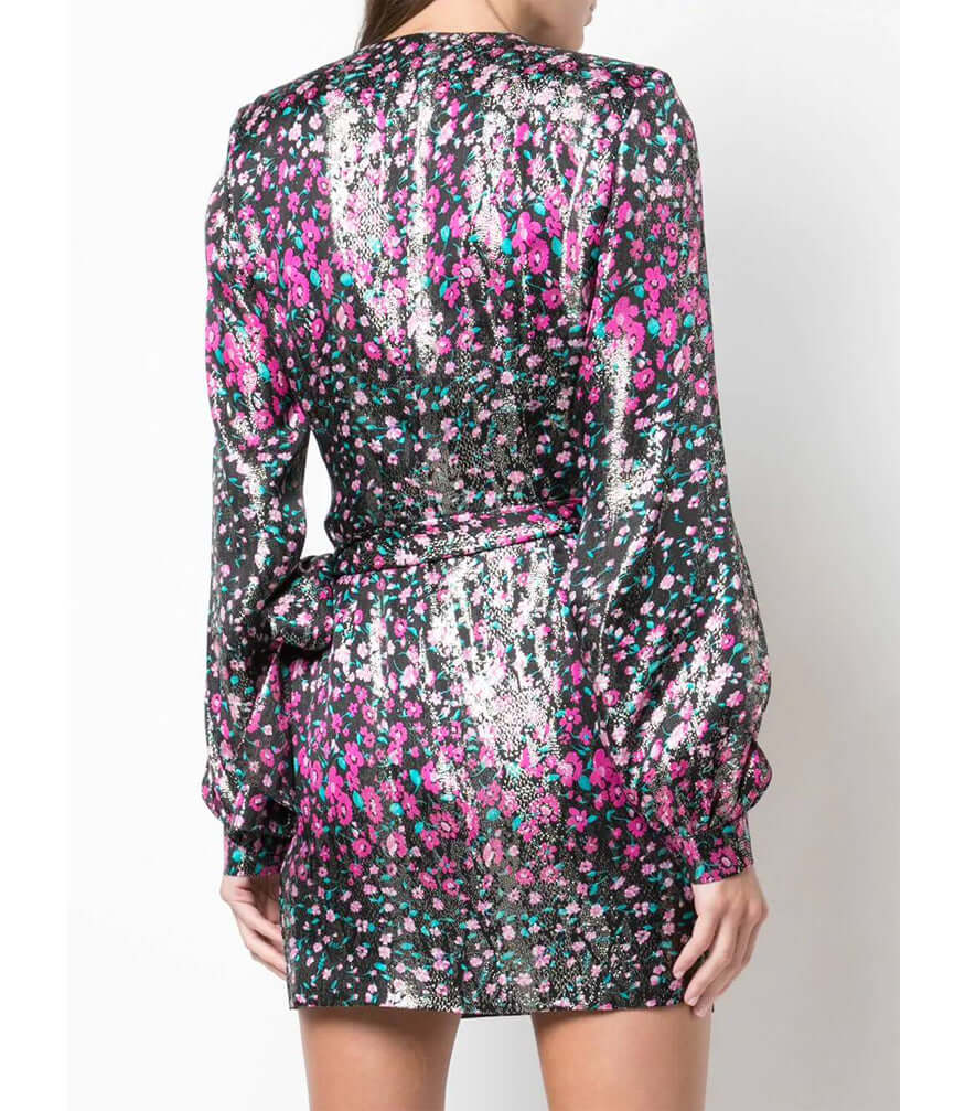Fuchsia floral short dress with V-neck and tie waist