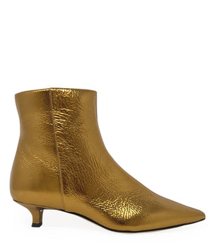 Bronze metallic ankle boot with pointed toe and low kitten heel