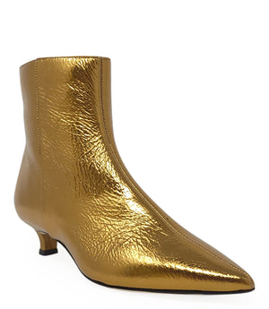 Bronze metallic ankle boot side profile with pointed toe and low heel
