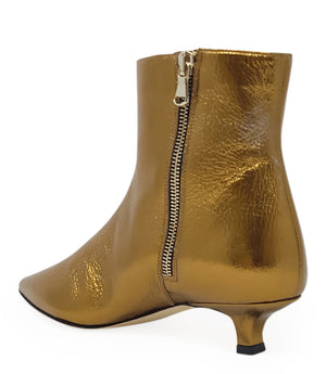 Bronze metallic ankle boot with front zipper and pointed toe, low kitten heel