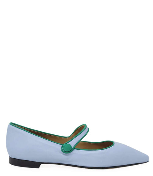 Light blue leather pointy ballet flats with green trim and flat black sole
