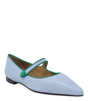 Light blue leather ballet flats with T-strap, green piping, flat sole