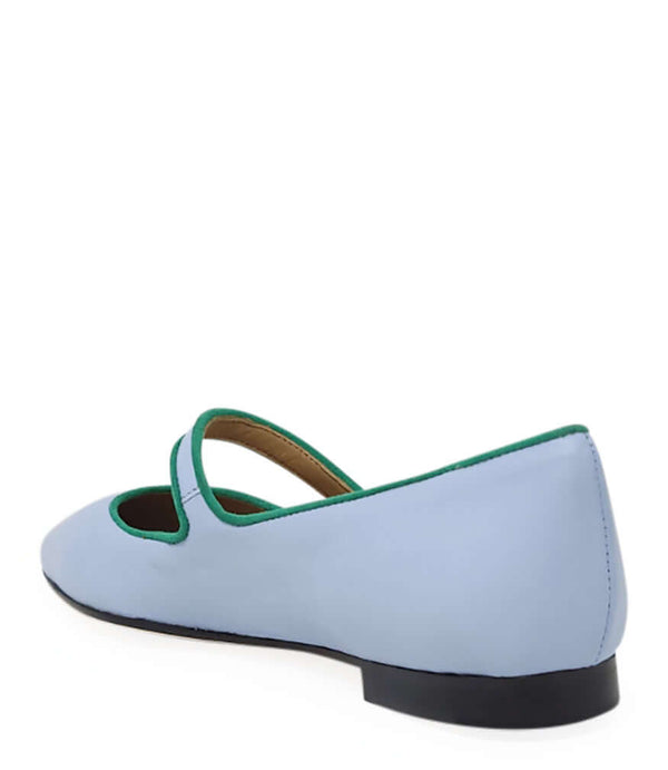 Light blue leather pointy ballet flats with green-trim ankle strap and flat black heel