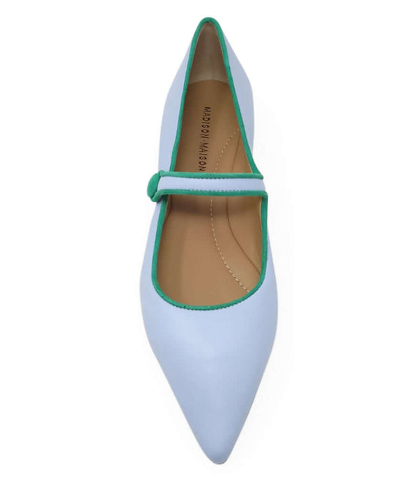 Light blue leather pointy ballet flats with green strap and tan insole